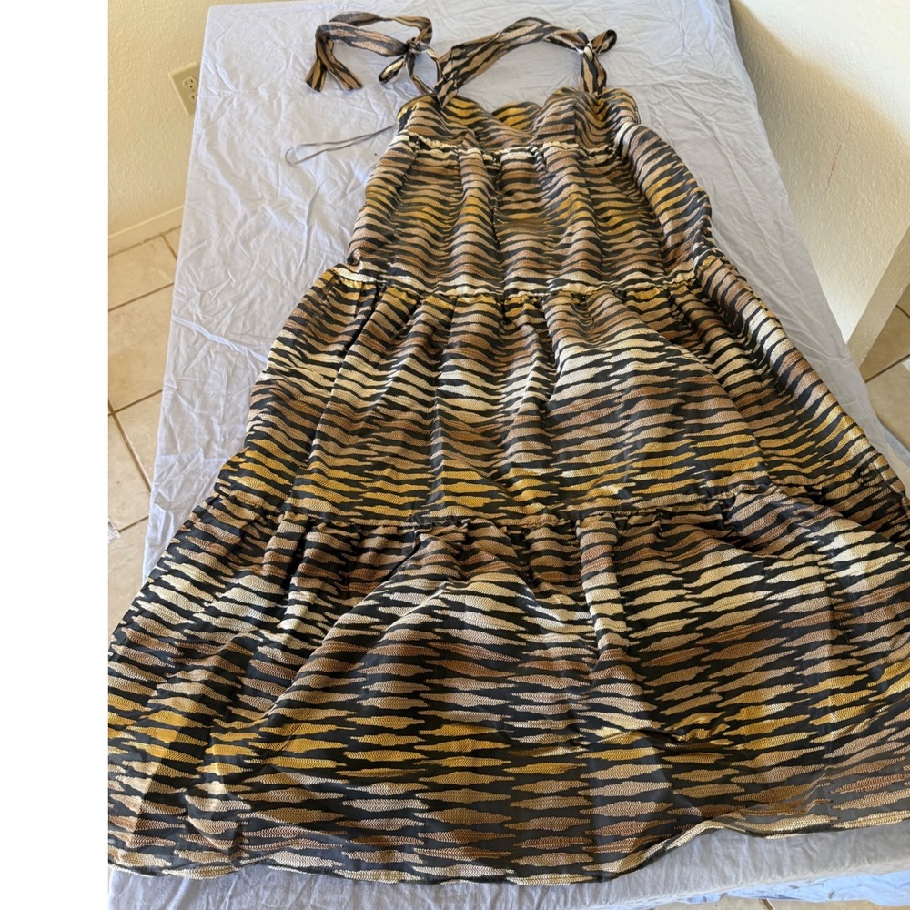 Fleastyle Large Gray Metallic Stripe Midi Dress Tie Shoulder Tiered
